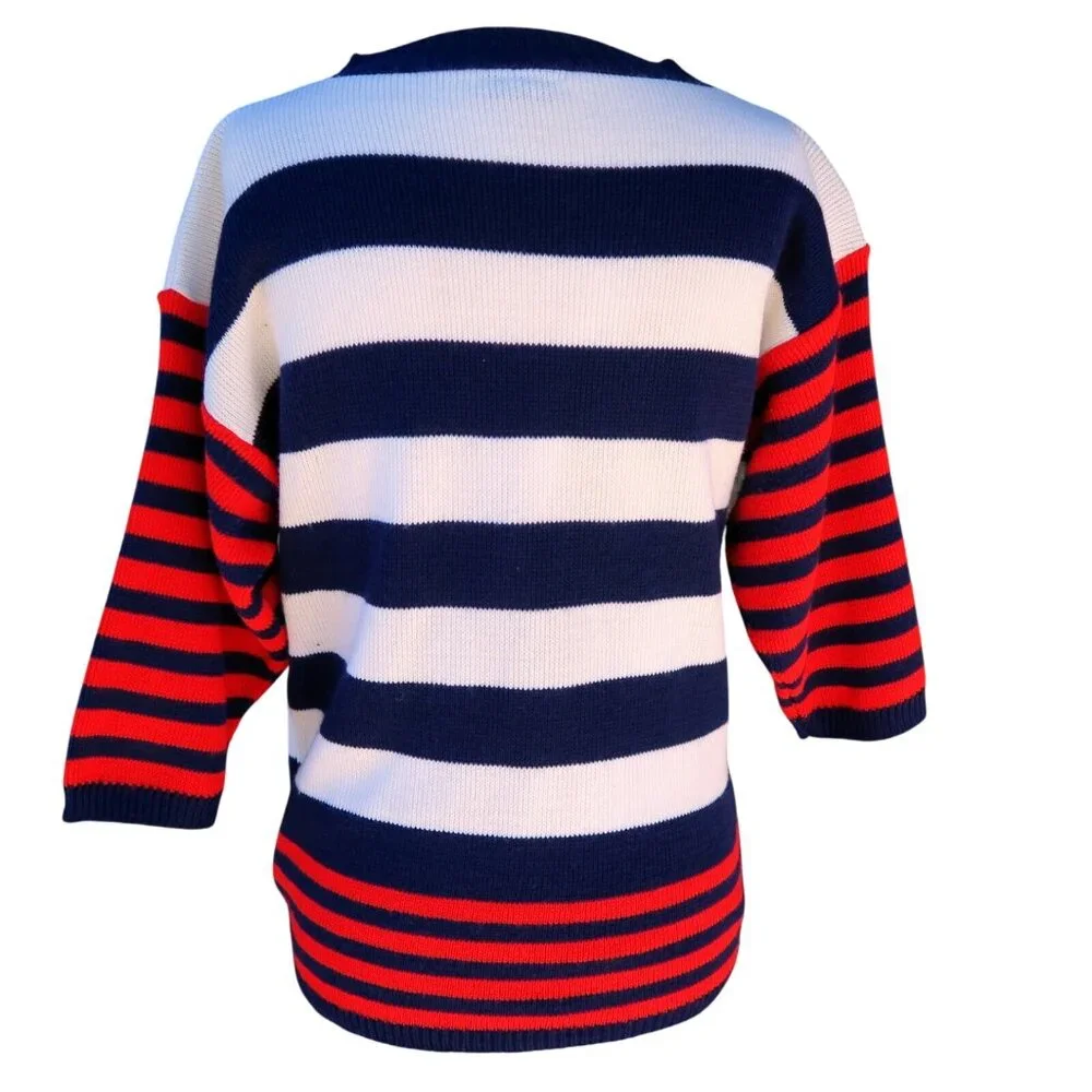 Marlene Vintage Nautical Stripe Sweater Navy Cream Boat Neck Knit 1980s Sz Small - Picture 3 of 4